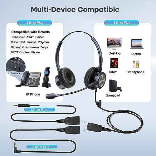 MAIRDI Phone Headset with 2.5mm & 3.5mm Connector for Deskphone Cell Phone PC Laptop, CallCenter Office Headset with Noise Cancelling Microphone
