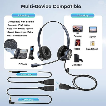 MAIRDI Phone Headset with 2.5mm & 3.5mm Connector for Deskphone Cell Phone PC Laptop, CallCenter Office Headset with Noise Cancelling Microphone