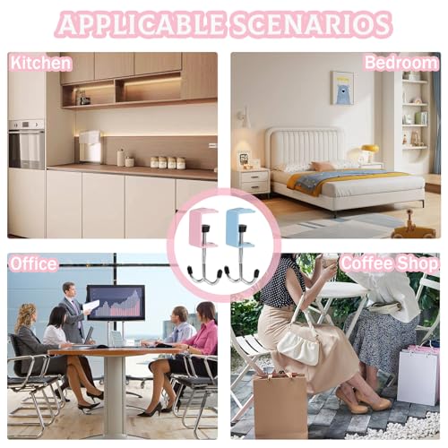 2Pcs Adjustable Purse Hooks Multi-Use Purse Hanger for Table & Desk | 100Ib Capacity Heavy-Duty Alloy Backpack Hanger for Handbag, Headphone, Umbrellas, Space-Saving Desk Organizer (Blue & Pink)
