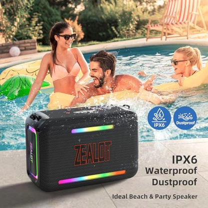 ZEALOT 120W RMS(150W Peak) Bluetooth Speaker, Portable Wireless Speakers IPX6 Waterproof Loud Bluetooth Subwoofer Speaker with LED Light, 40H Playtime, Custom EQ, Stereo TWS Pairing for Outdoor, Party - color: Black