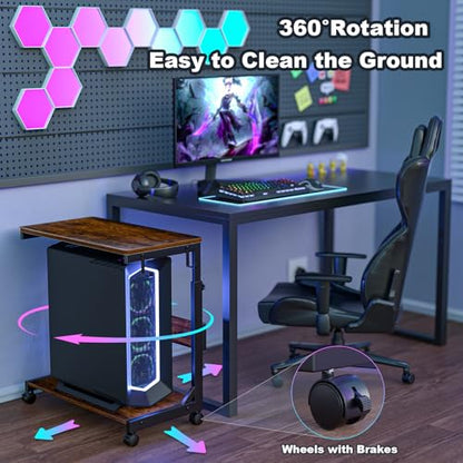 Computer Tower Stand with Charging Station for Full ATX-Case,Brown | Height Adjustable PC Stand with Wheel, CPU Holder with 2 AC Outlets + 2 USB Ports, 2-Tier Storage, Durable Metal Frame - color: Brown