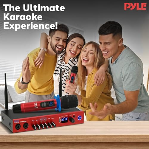 Pyle UHF Wireless Microphone System, Bluetooth, Handheld Mics, Receiver Base, Selectable Frequency, Karaoke, Professional Use, Battery Operated, 165 ft Range, Echo Control, Includes Cables - color: Red