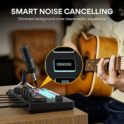 MAONO Podcast Equipment Bundle with Audio Mixer & 3.5mm Mic for Streaming | All-in-one audio production, PC and smartphone-compatible, 4 custom soundpads, for creators, home podcast setup AU-AM200-S1 - color: AU-AM200-S1 Black