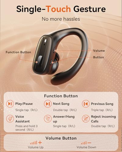 LEEMC Wireless Earbuds with Hooks for Sports, Bluetooth Headphones 5.4, Noise Canceling Ear Buds, 80Hr Playtime, LED Display, IPX7 Waterproof Earphones for Workout Running,Ebony