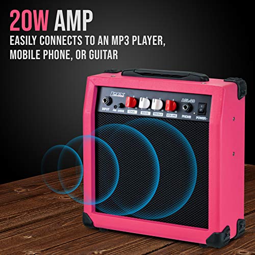 LyxPro Electric Guitar Amp 20 Watt Amplifier Built in Speaker Headphone Jack and Aux Input Includes Gain Bass Treble Volume and Grind - Pink - color: Pink, size: 20 Watt