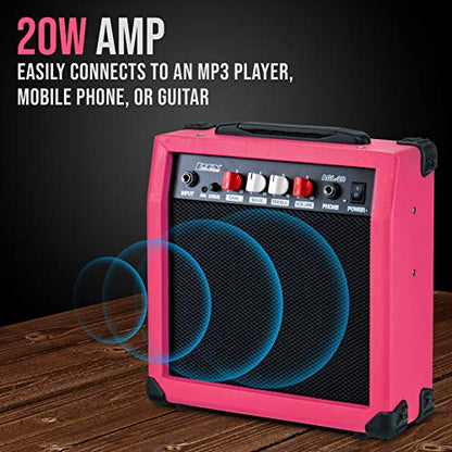 LyxPro Electric Guitar Amp 20 Watt Amplifier Built in Speaker Headphone Jack and Aux Input Includes Gain Bass Treble Volume and Grind - Pink - color: Pink, size: 20 Watt