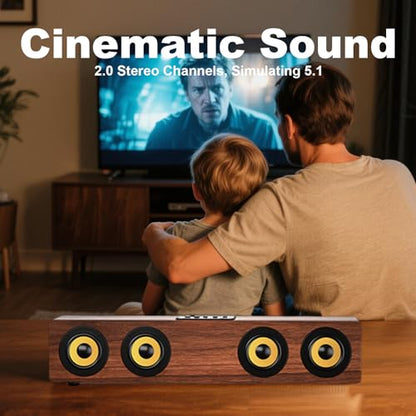 Retro Wooden Bluetooth 5.3 Portable Soundbar Speaker, 20W 2.0 Stereo with Bass Boost, TWS Pairing, USB/TF/AUX/FM Radio, for PC, Monitor, Laptop, Tablet & Smartphone