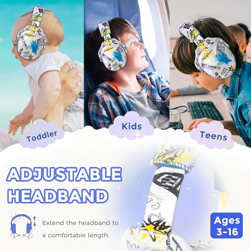 Kids Ear Protection Safety Ear Muffs, NRR 25dB Noise Reduction Children Earmuffs, Hearing Protectors for Sleeping, Studying, Airplane, Concerts, Fireworks-Graffiti with Blue Band - color: Blue Band Graffiti