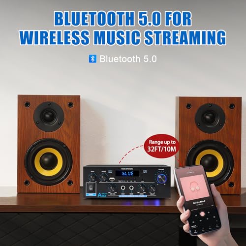 AK55 Stereo Audio Amplifier,600W 2 Channel with Bluetooth 5.0 | Power Stereo Amplifier Receiver with USB,RCA,AUX,MIC,Echo,Coax,Optical Input for Garage, Studio,Home Theater Speakers - color: Black
