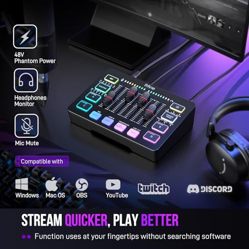 FIFINE USB/XLR Dynamic Microphone with Audio Mixer&RGB Boom Arm Kit, Streaming Mic with Quick Mute, PC Mixer with 48V Phantom Power, RGB Metal Mic Arm with 3/8" to 5/8" Screw for Podcast-AM8+SC3+BM38