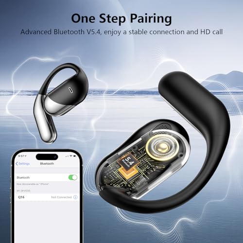 Open Ear Clip Wireless Earbuds Bone Conduction Headphones，Built-in Mic, IPX7 Waterproof, LED Display Charging Case,Ear Hooks Ear Buds, Ultra-Comfort Bluetooth Earphones for Running Fitness,office gift - color: dark black