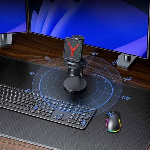 Gaming USB Microphone for PC, Condenser Mic with Quick Mute & Volume Control, RGB Indicator, Shock Mount, for Streaming Podcast Studio Recording