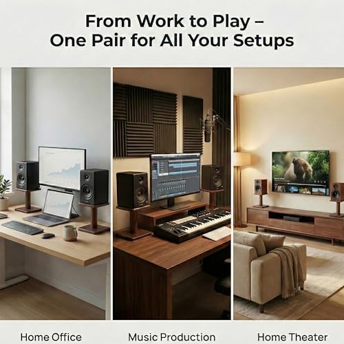 Desktop Speaker Stands Made of Pure Solid Wood, Natural Style, 360° Rotatable Top Plate, Suitable for Medium/Large Tabletop Speakers and Studio Monitors (WalnutBrown Finish_DSS7(7 inch))