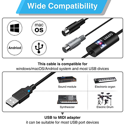LEKATO USB MIDI Cable, MIDI USB Interface with Input & Output Connecting Piano Keyboard/Synthesizer for Editing & Recording Professional MIDI Cable Adapter with Windows/Mac for Studio -6.5Ft