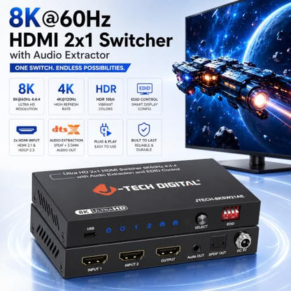J-Tech Digital 8K HDMI Switch 2 in 1 Out 8K@60Hz 4K@120Hz 1080P@240Hz, HDMI Audio Extraction to Optical & 3.5mm, HDR HDCP 2.3 EDID Control, Compatible with PS5 PS4 Xbox Switch Apple TV Roku Fire TV - style: 2 in 1