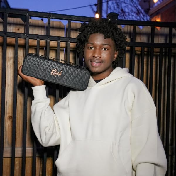 The Klipsch Detroit Portable Bluetooth Speaker with Dual 1" tweeters and 3" woofers, IP67 dust and Waterproof Rating, 20 Hours of Playtime for a Premium Live Concert Experience