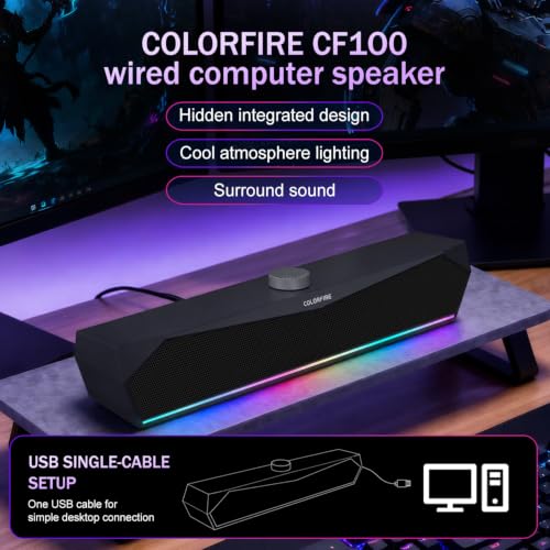 Computer Speakers for Desktop,USB Single-Cable, Computer Soundbar for PC | Compatible with Laptops | Towers | Devices |Stereo Sound and RGB Light, Plug-n-Play, Black Matte Finish, Mechanical Knobs