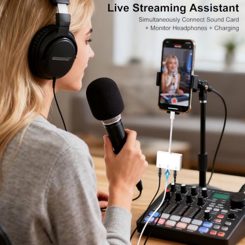 USB C to Microphone & 3.5mm Headphone Adapter with PD Fast Charging for Live-Streaming, 3-in-1 Aux to USB C Audio & MIC Splitter Compatible with iPhone 17/16/15, iPad Pro, Galaxy S26, and More