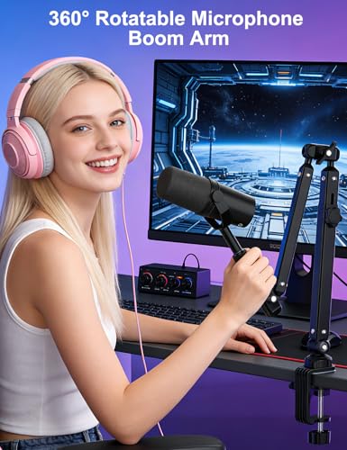 Microphone Boom Arm, 360° Rotatable Heavy Duty Stable Metal Low Profile Mic Arm Stand Desk Mount for Podcast Live Streaming Gaming Studio, with Cable Management, 3/8'' to 5/8'' Adapter