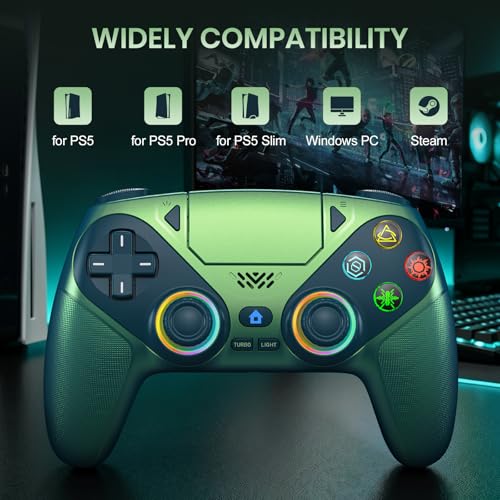 Gamrombo LED Wireless Controller for PS5 | Compatible with PS5 Pro/Slim/PC, Dual Vibration, Macro/Turbo, 3.5mm Audio Jack, 6-Axis Motion, Contro Gamepad with Speaker - color: Metallic Green