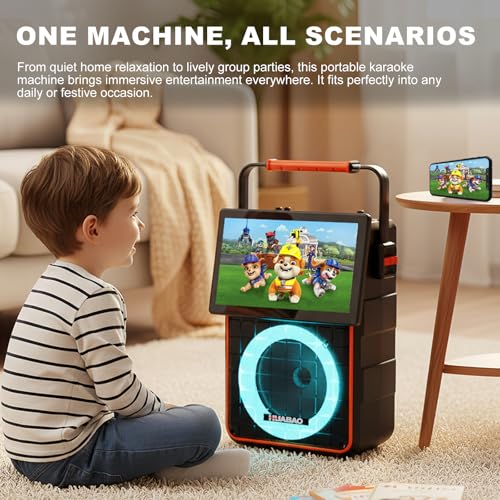 Portable Karaoke Machine with 10.1” Rotatable HD Screen, Wireless Screen Mirroring for iOS & Android, Bluetooth Speaker with Lyrics Display, PA System with 2 Wireless Microphones & LED Lights for Home - size: A119