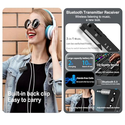 Isobel Bluetooth 5.4 Transmitter Receiver, 3 in 1 Portable Wireless Bluetooth Audio Adapter to Any 3.5mm AUX Jack for TV PC Car Airplanes Boats Home Stereo Gym with Micphone, TF Card Fast Playback MP3 - color: Grey