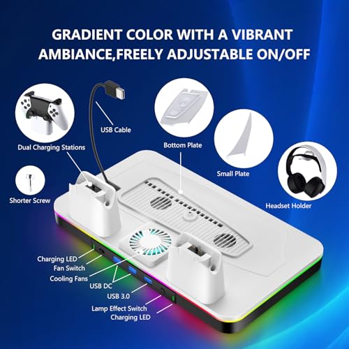 G-STORY Stand & Cooling Station for PS5/Pro/Slim, Dual Controller Charger, RGB Fan, Headset Holder