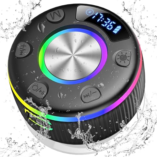 Bluetooth Shower Speaker, Portable Bluetooth 5.3 Speakers Wireless with Time Display, IP7 Waterproof Speakers with RGB Light, Suction Cup, Mini Stereo Speaker for Bathroom Party Travel Beach Outdoor - color: Jet Black