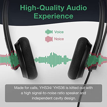 Yealink Phone Headsets for Office Phones YHS34 Lite QD to RJ9 Wired Headset Compatible with Poly Snom Grandstream Phones Desk Landline Headset with Microphone -Dual/111g/2.1m Cable - color: Foamy Ear Cushions, size: Dual