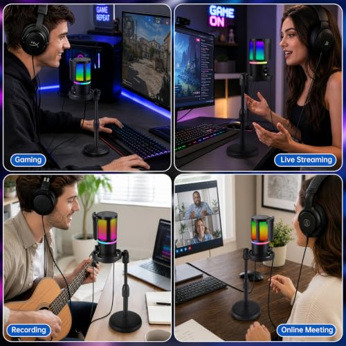 USB PC Gaming Microphone with RGB Light, Volume Control, Mute Button, Headphone Monitoring Jack. Compatible with Windows, MAC, PS4/PS5.