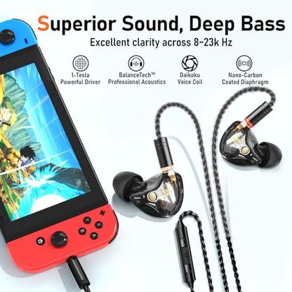 Audiovance Vibes 202M HiFi Wired Earbuds in-Ear Monitor Headphones with Mic | Clear Sound, Deep Bass, Noise-Isolating Ear Buds, Silver-Plated Cord, Gaming IEM Earphones, Comfort Fit, Case, 3.5mm Plug
