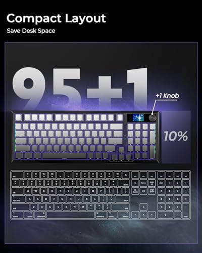 Redragon Wireless Mechanical Keyboard, Gasket RGB Gaming Keyboard with Screen & Knob, Tri-Mode BT5.0/2.4G/USB-C, 95 Keys Hot Swappable, Side Printed PBT Keycaps, Thick Pre-Lubed Linear Switch, K725SP - color: Grey