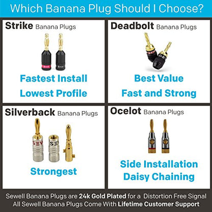Sewell Silverback Banana Plugs, 6 Pairs Gold Plated Speaker Connectors | 24k Gold, Dual Screw Lock - size: 6 Pair (12 plugs)