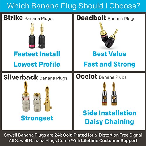 Sewell Silverback Banana Plugs, 24k Gold Dual Screw Lock Speaker Connector, 12 Pairs - size: 12 Pair (24 plugs)
