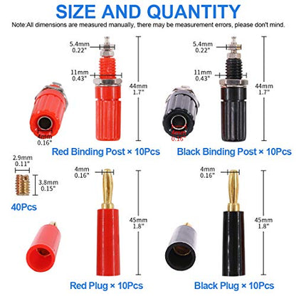 Glarks 40pcs Black and Red 4mm Banana Speaker Wire Cable Screw Plugs with Amplifier Terminal Connector Binding Post Banana Plug Jack Socket Panel/Chassis Mount Connectors Set, Each for 10Pcs