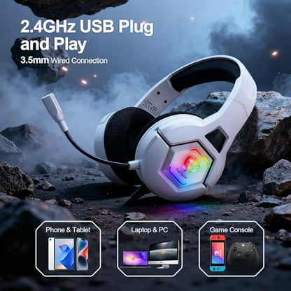 Docooler Gaming Headset with Microphone, Computer Headset with 50mm Drivers Omni Directional Microphone, RGB Lighting for Smartphone, Laptop, Desktop PC, Gaming Console (White) - color: White