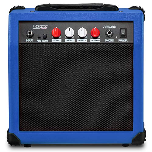 LyxPro Electric Guitar Amp 20 Watt Amplifier Built in Speaker Headphone Jack and Aux Input Includes Gain Bass Treble Volume and Grind - Blue - color: Blue, size: 20 Watt