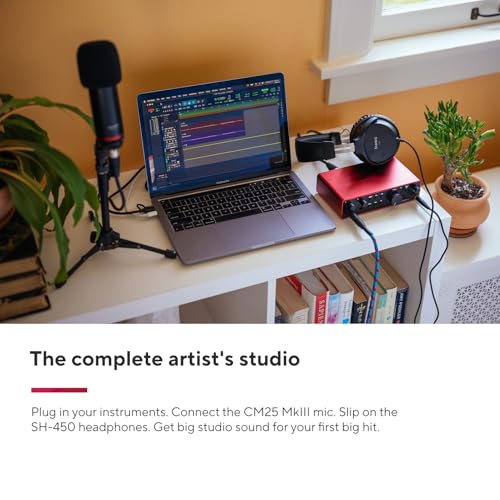 Focusrite Scarlett 2i2 Studio 4th Gen USB Audio Interface Bundle for the Songwriter with Condenser Microphone and Headphones for Recording, Streaming, and Podcasting | 2 Mic Preamps, 2 Hi-Z Inputs, Auto Gain, Clip Safe, Air Modes, CM25 MkIII Mic, SH-450 H