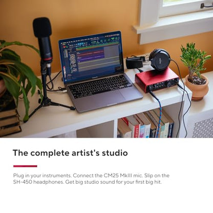 Focusrite Scarlett 2i2 Studio 4th Gen USB Audio Interface Bundle for the Songwriter with Condenser Microphone and Headphones for Recording, Streaming, and Podcasting | 2 Mic Preamps, 2 Hi-Z Inputs, Auto Gain, Clip Safe, Air Modes, CM25 MkIII Mic, SH-450 H