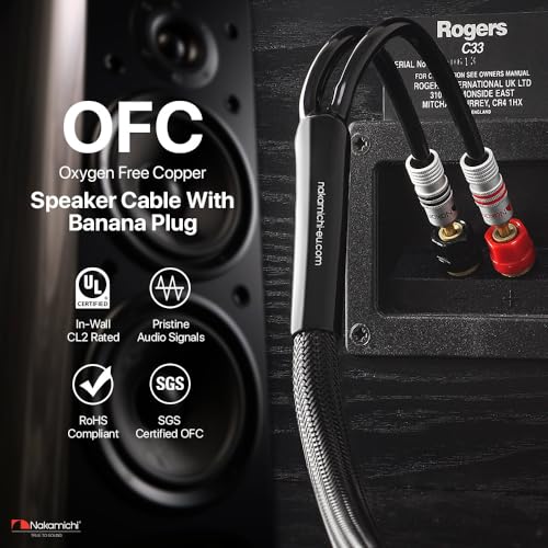 Nakamichi 24k Gold Plated Banana Plugs Speaker Cables 99.9% OFC (15 Feet) | Oxygen-Free Copper, Excel Series, Amplifier Heavy Duty Braided In-Wall CL2 Rated Wires - Black (12AWG / 15ft / 4.5m) 2-Pack - color: Black, size: 12 AWG (15-Feet)
