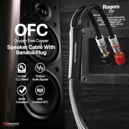 Nakamichi 24k Gold Plated Banana Plugs Speaker Cables 99.9% OFC (15 Feet) | Oxygen-Free Copper, Excel Series, Amplifier Heavy Duty Braided In-Wall CL2 Rated Wires - Black (12AWG / 15ft / 4.5m) 2-Pack - color: Black, size: 12 AWG (15-Feet)