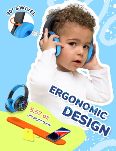 iClever BTH18 Kids Bluetooth Headphones LED Lights for Toddler Boys Girls | SafeSound Tech, 43H Playtime Stereo Sound, USB C Charging AUX Cable, Over Ear Kids Headphones Wireless for iPad/Tablet/Travel - color: Black