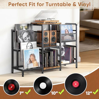 POKIPO Large Record Player Stand, Vinyl Record Storage Holds up to 400+ Albums, 3 Tier Turntable Stand with Display Shelf, 3-in-1 Multifunctional Record Player Cabinet Media Console Table for Stereo