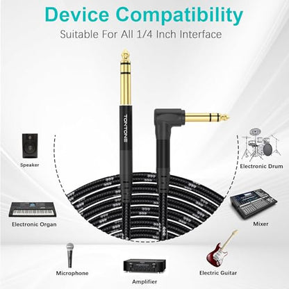 1/4 Inch TRS Cable Right Angle to Straight 2-Pack 10FT, 6.35mm Balanced 1/4 Audio Cable for Electric Guitar Bass Keyboard Mixer Amplifier Speaker - size: 10 FT