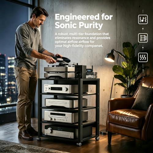 5 Tier Audio Rack Tower, CD Record Player Stereo Receiver AV Equipment Cabinet Display Rack, Weight Capacity 661 lbs, with Adjustable Wooden Shelves for Home (5 Tier Black) - size: 5 Tier Black
