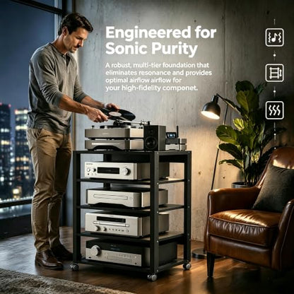 5 Tier Audio Rack Tower, CD Record Player Stereo Receiver AV Equipment Cabinet Display Rack, Weight Capacity 661 lbs, with Adjustable Wooden Shelves for Home (5 Tier Black) - size: 5 Tier Black