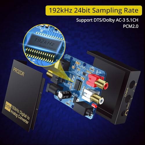 PROZOR 192Khz 디지털 - 아날로그 오디오 컨버터 지원 5.1CH 광학 - RCA 컨버터 마그네틱 링 전원 코드 디지털 토스링크 SPDIF - 아날로그 L/R RCA 3.5mm 어댑터 HDTV 블루레이 DVD PS3 PS4용 - size: Aluminum Alloy Shell, style: 5.1CH 돌비 디지털 및 DTS 디코더