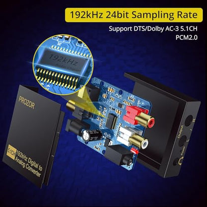 PROZOR 192Khz 디지털 - 아날로그 오디오 컨버터 지원 5.1CH 광학 - RCA 컨버터 마그네틱 링 전원 코드 디지털 토스링크 SPDIF - 아날로그 L/R RCA 3.5mm 어댑터 HDTV 블루레이 DVD PS3 PS4용 - size: Aluminum Alloy Shell, style: 5.1CH 돌비 디지털 및 DTS 디코더