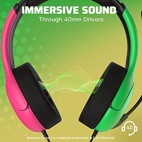 PDP AIRLITE Wired Headset, Officially Licensed Nintendo Switch/Lite/OLED, Lightweight Durable Headphones, 3.5mm audio jack, Noise-canceling Flip-to-Mute Mic, Splatoon 2 Pink/Green