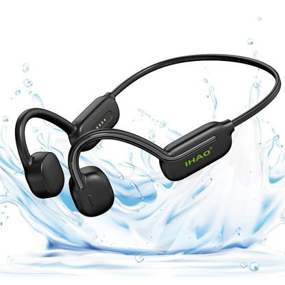IHAO Swimming Headphones True Bone Conduction Open Ear Headset MP3 Player Built-in 32G Memory IP68 Underwater Waterproof Stereo Bluetooth Earphone for Driving Bicycling Running Skiing-Black - color: Black